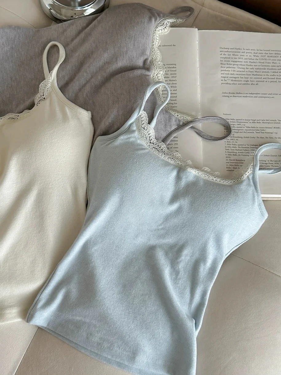 Women's Cotton Lace Tank Top with Chest Pad Spring Summer Slim Fit Base Layer Hot Girl Shirt Simple Style All Seasons Cotton 95%