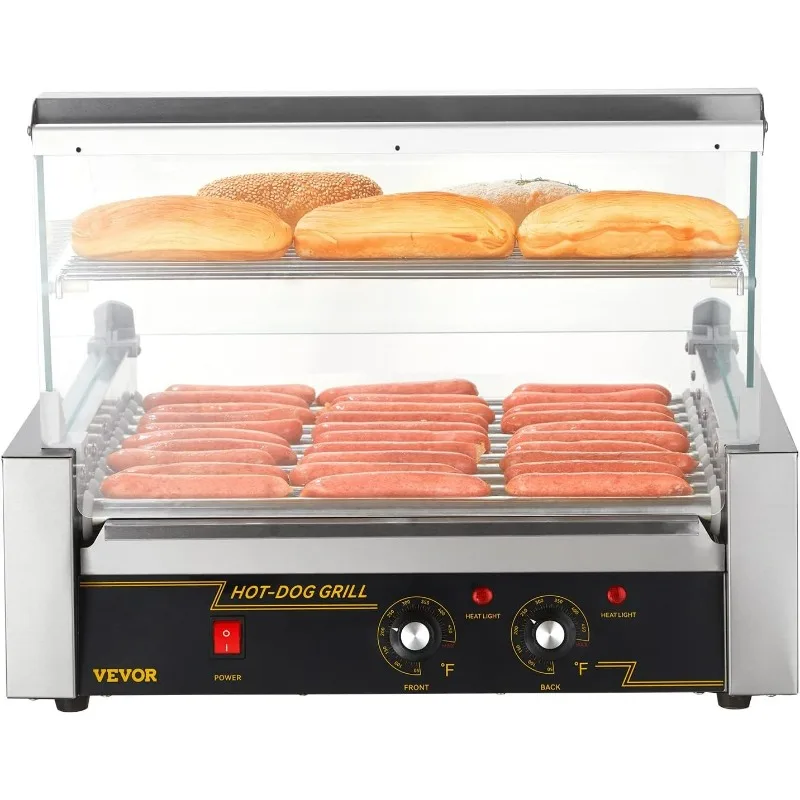 

Hot Dog Roller, 30 Hot Dog Capacity 11 Rollers, 1800W Steel Cook Warmer Machine w/Cover & Dual Temp Control, Sausage Grill