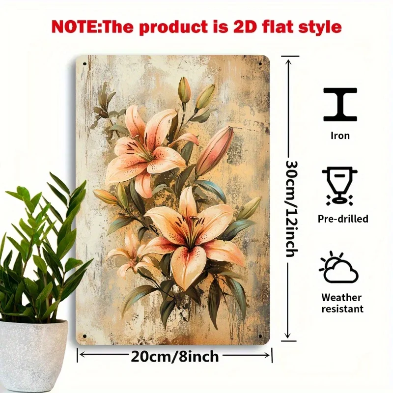 2D Flat, 1pc Large Vintage Farmhouse Metal Wall Decor - Heavy-Duty Iron Suitable for Peach Pink Lilies with Beige-Brown Textured