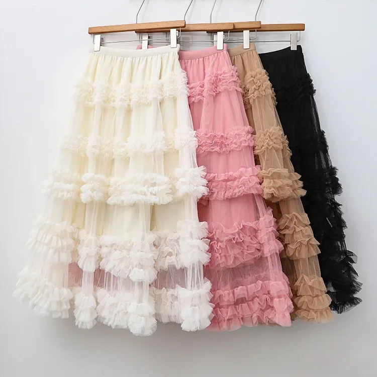 Multi-layer Lace Splicing Mesh Pink Fairy Skirt 2024 Ball Gown Long Sweet Swing Princess Cake Birthday Party Tutu Women Skirt