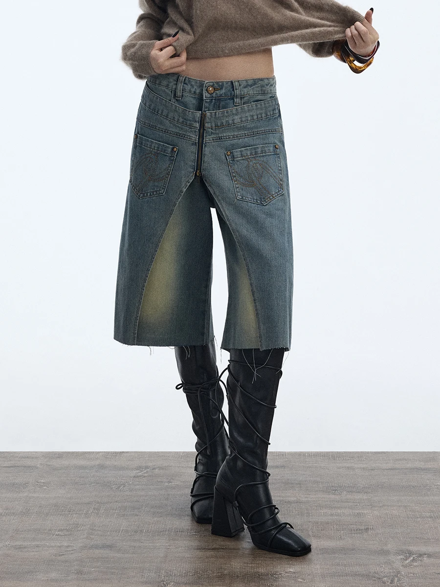 

Ретро-джинсовые шорты с эффектом потертости, синие, на молнии, с пятью отделениями, женские, свободного кроя, из хлопкового денима, с завышенной талией