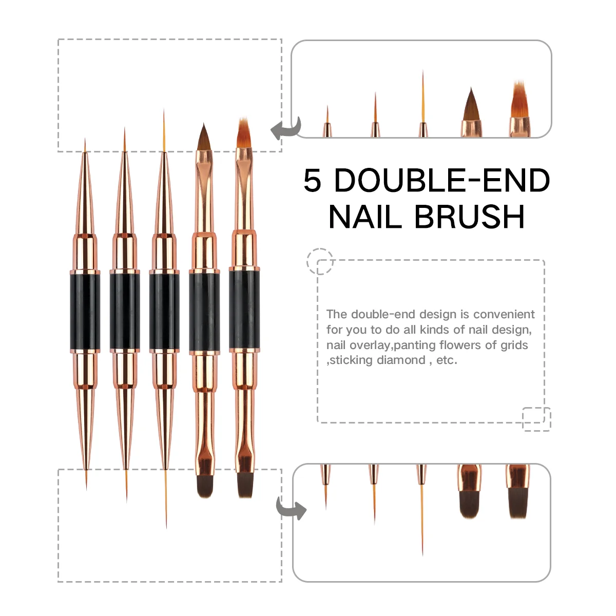 5-teiliges profession elles Nailart-Bürstenset mit doppel endigen Bürsten für lange Linien, Nagel detail pinsel und feine Pinsel