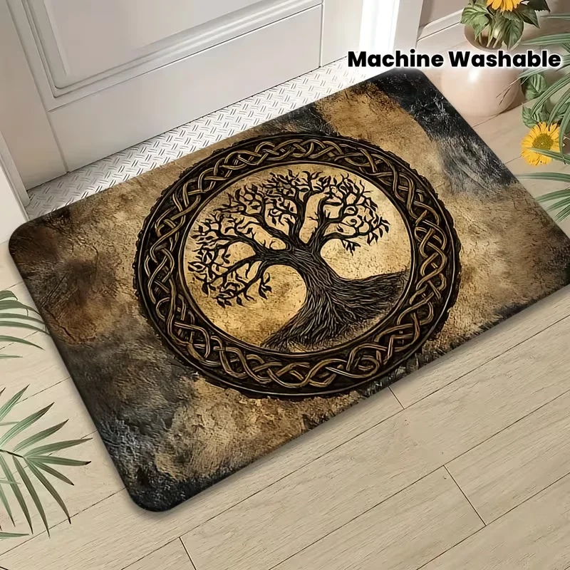 Tree of Life Pattern Welcome Door Mat Rectangular Anti Slip Washable Entrance Carpet Laundry Room Multi Purpose Outdoor Carpet