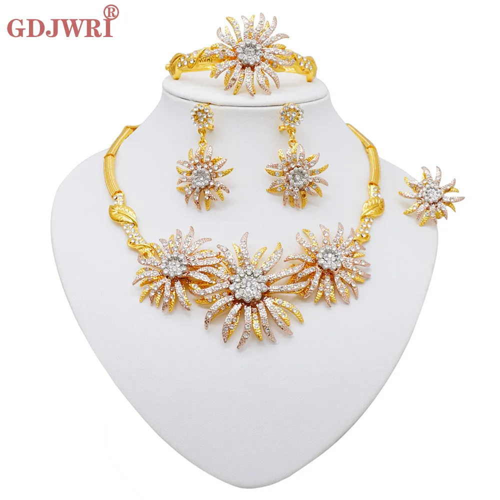 

Dubai Exaggerated Gold Color Hollow Flower Shape Necklace Earrings Ring Bracelet Set for Women Gold Plated Jewelry Wedding Party
