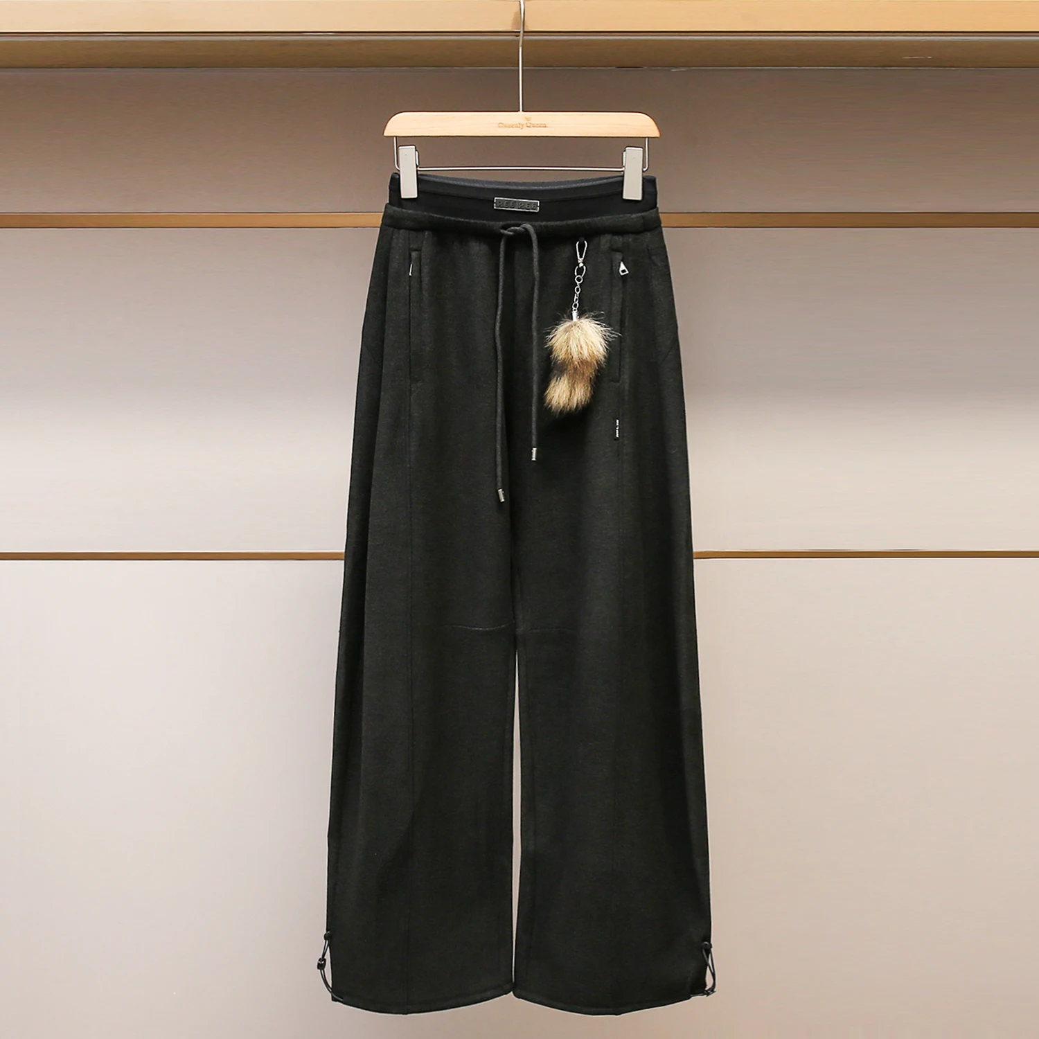 

Брюки с высокой талией и широкими штанинами, повседневные, новый дизайн, с декоративной подвеской, женские, премиум-класса, модные, зимние, для отдыха