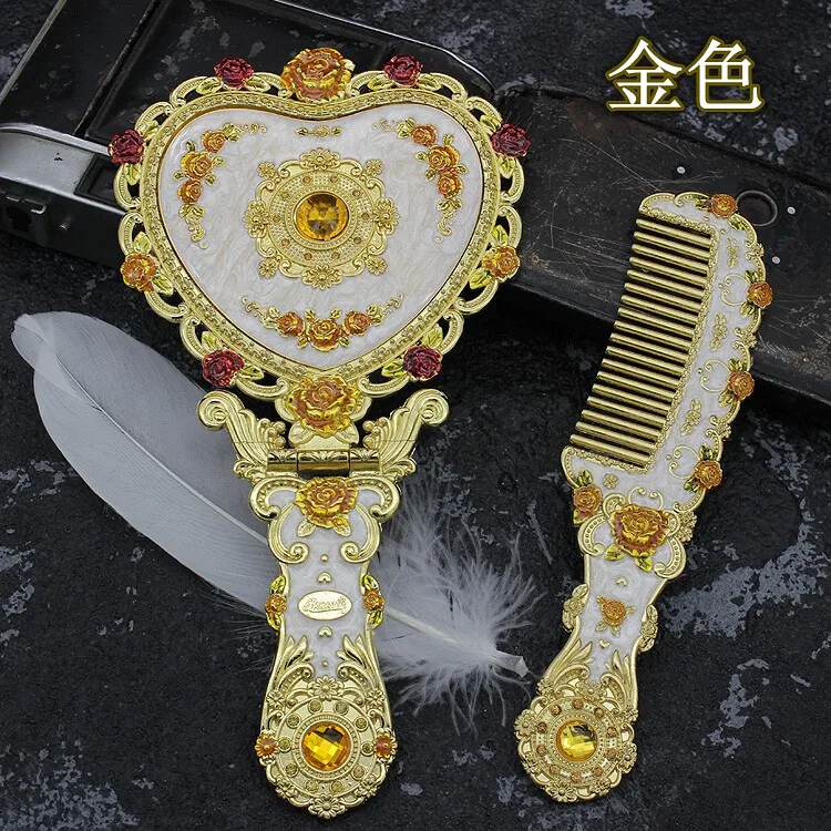 Creative Women's Gift Retro Classic Court Rhinestone Massage Comb Makeup Mirror European Alloy Metal Painted Makeup Comb