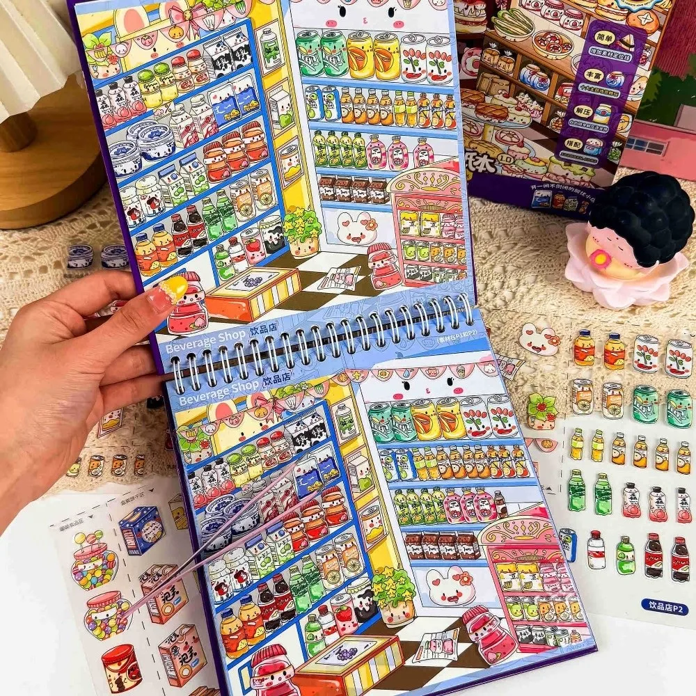 New Supermarket Theme Miniature Scene Sticker 10 Scenes PET Die-cut Scenery Stickers Large Size Scene Sticker Book Kids Toy