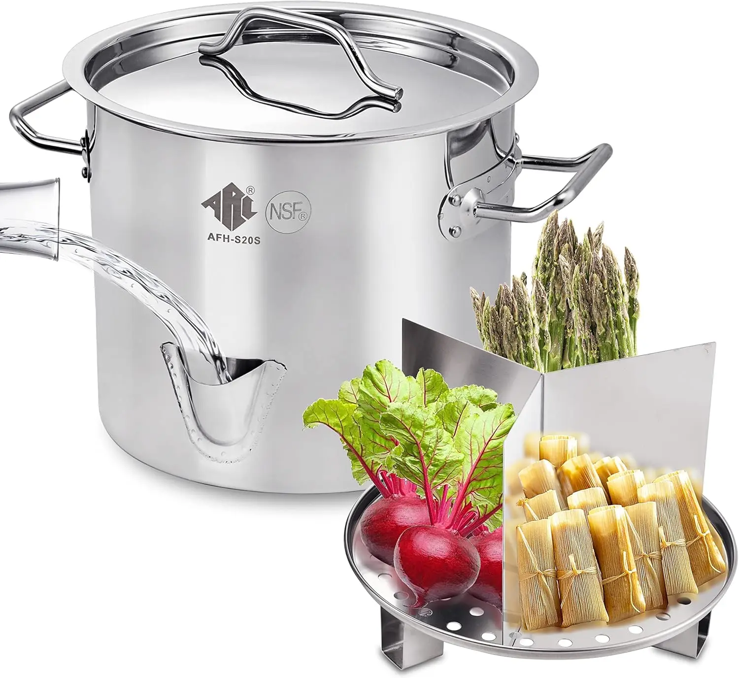 ARC 20/24/32QT Stainless Steel Tamale Steamer Pot w/Easy-fill Water Spout,Seafood Crab Steamer with Divider and Steamer Rack