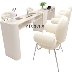 ZC New Upgraded Stainless Steel Cream Style Nail Table and Chair Set Embedded Vacuum Cleaner Socket Nail Table