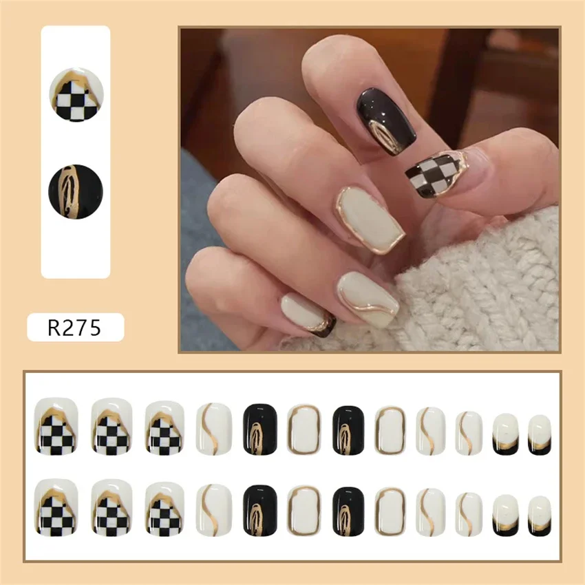 24Ps/Set Black Gold Chess Checkerboard Design Press on Nail French Artificial Wearing False Nail Short Round Head Fake Nail Tips