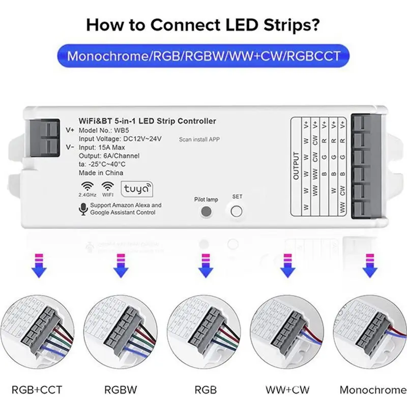 A20F-DC12-24V Wifi& BT 5-In-1 LED Strip Controller Dimmable RGB/RGBW/WW+ CW/RGBCCT Monochrome Smart Life APP Control Light