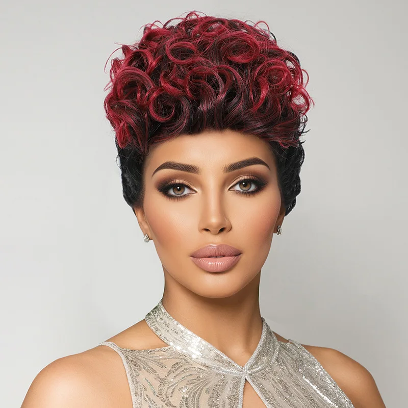 Cross border fashion African black and red women's short roll wig headband synthetic wig-Synthetic fiber wig