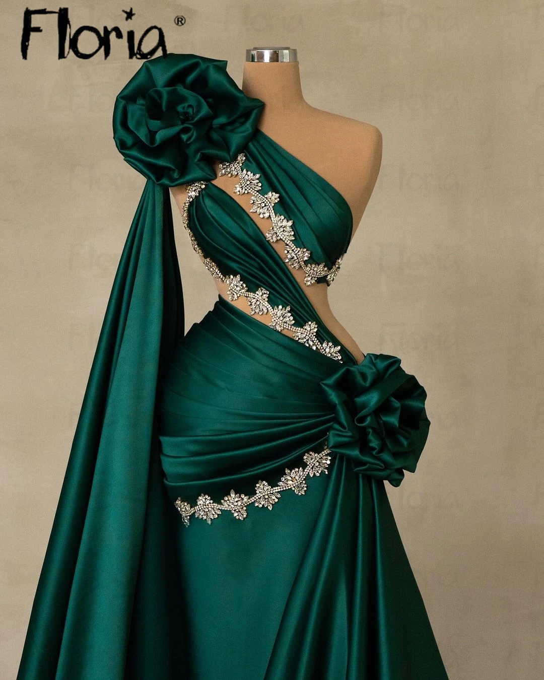 Dubai Emerald Green Evening Dress Cape Sleeve 3D Flowers Wedding Party Gowns Elegant Beaded Long Celebrity Dress Robe Soirée