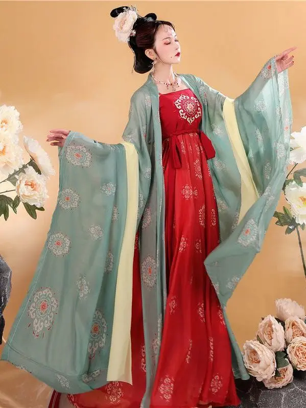 Hanfu Jurk Vrouwen Chinese Traditionele Cosplay Kostuum Tang Dynastie Oude Hanfu Zomerjurk Rode En Groene Podium Dansjurk