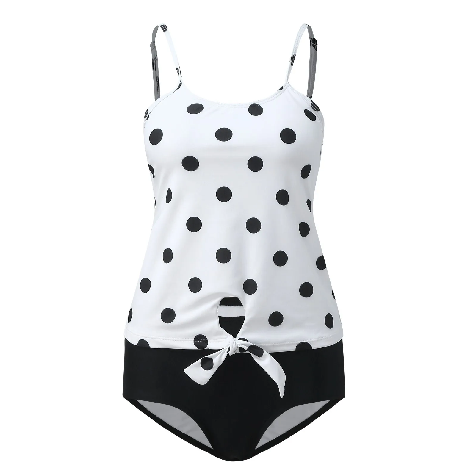 Women Trendy Polka Dot Knotted Adjustable Straps And Black High Waisted Tankini Swimsuit Two Pieces Bathing Suit