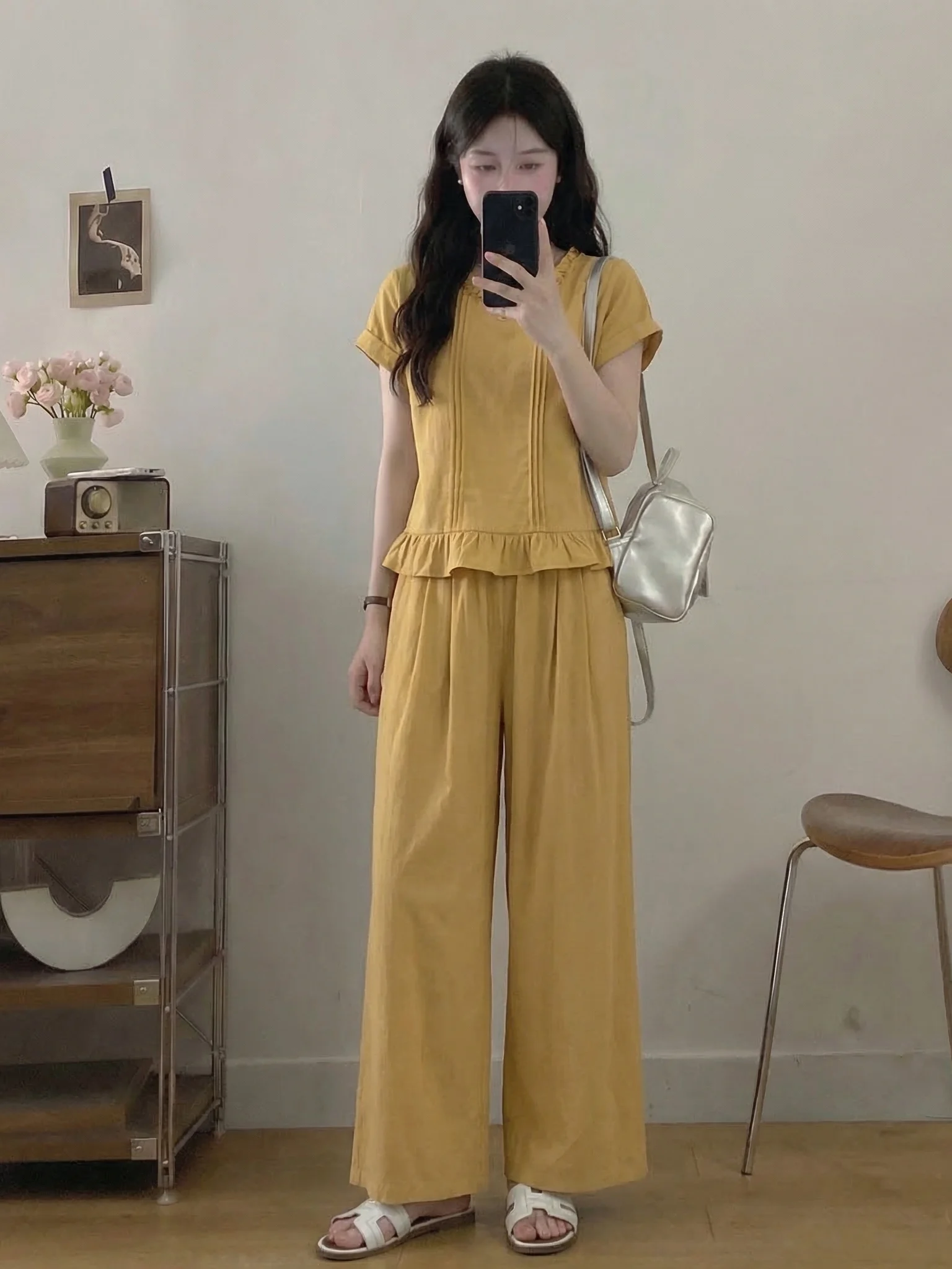 

Yellow Dopaamine Doll Shirt And Wide Leg Pants Two Piece Set plus Size Women's Summer Fashion Outfit High Waist Trousers