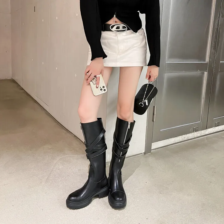 2023New Thick Sole KneeLength Women's Boots Round Head Belt Buckle Front Zipper Two Wear High Sleeve Boots Fashion Leather Boots