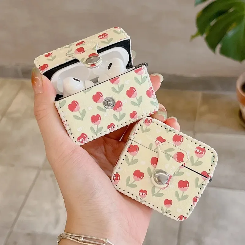 Étui carré en cuir Cortex Tulip Flower pour Apple, housse de protection pour écouteurs, AirPods Pro 2, 1, 2, 3, 2 en 1