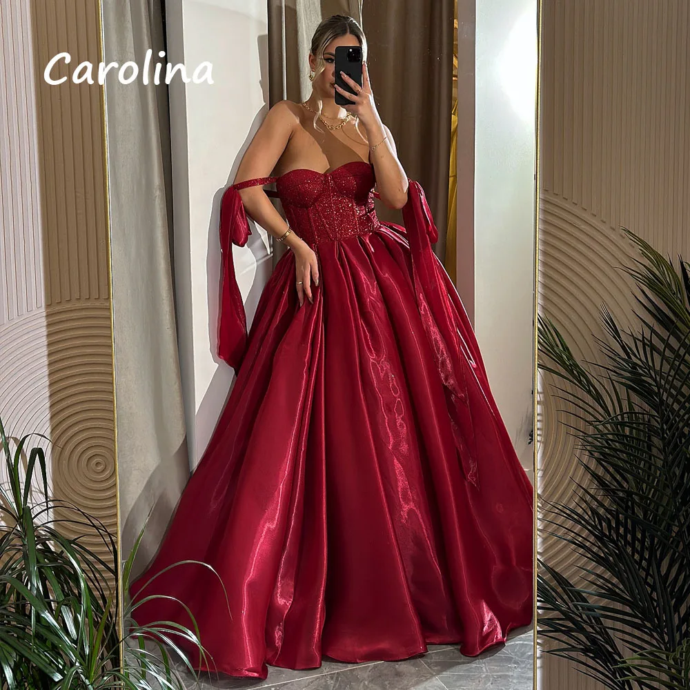

Carolina Customized Burgundy Evening Dresses 2025Long Satin Glitter Spaghetti Straps Wedding Party Dress платье женское вечернее