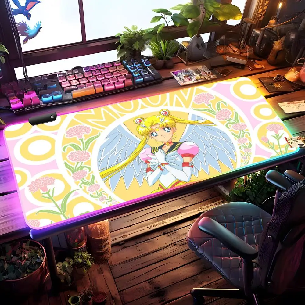 S-Sailor Anime M-MoonES Mouse Pad RGB Gaming Mouse Pad Desk Mat HD Gamer Large LED Light XXL MousePads