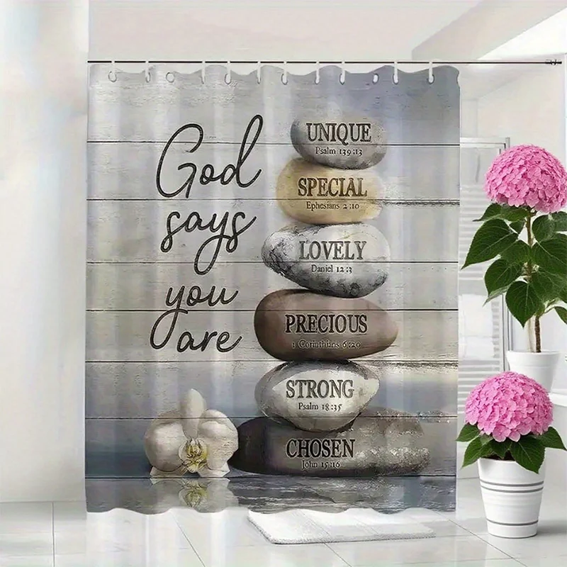 This 1pc Shower Curtain Features an Inspirational Faith Theme with a Gray Wood Grain Background. It Includes Motivational Englis