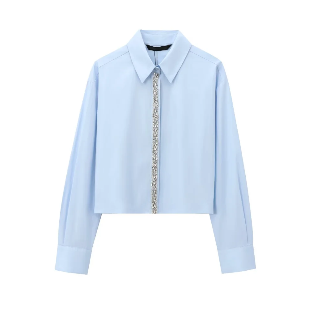 

UNIZERA Women's Poplin Loose Top with Collar Long Sleeve Button Jewelry Decoration Spring/Summer New Fashion Shirt