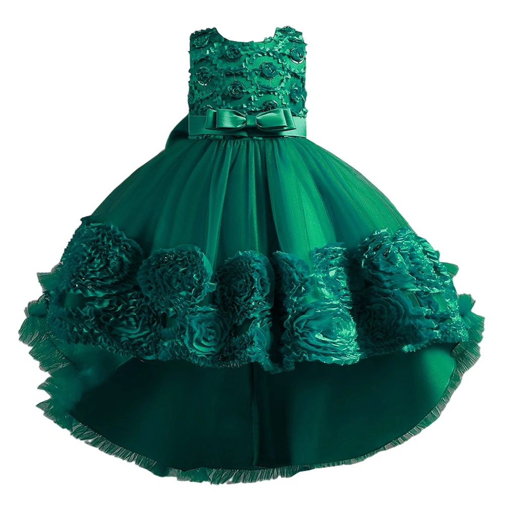 Children's Performance Clothes Large Bow Tail 3D Flowers Tutu Dress Noble Girls' Festival/Party/Wedding/Birthday Ball Gowns