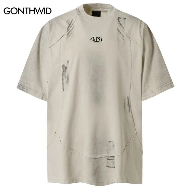 

Vintage T-Shirt Grunge Y2K Embroidered Patch Ripped Urban Tshirt Hip Hop Punk Gothic Baggy Streetwear Harajuku Casual Cotton Top