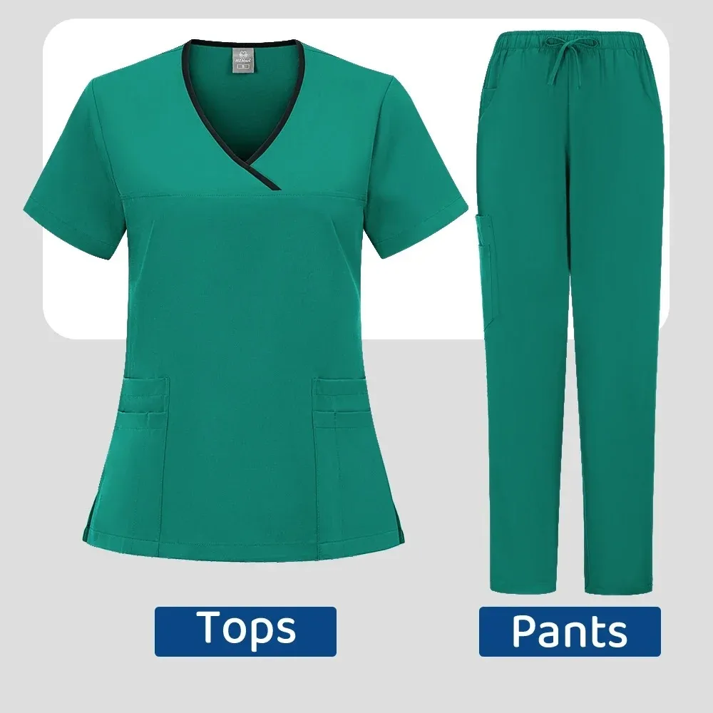 ชุดผ่าตัดสำหรับสัตวแพทย์หญิง ชุดยูนิฟอร์มสัตวแพทย์ ชุดยูนิเซ็กซ์สีพื้น ชุดคลุมมีกระเป๋า คอวี ทรงจ็อกเกอร์