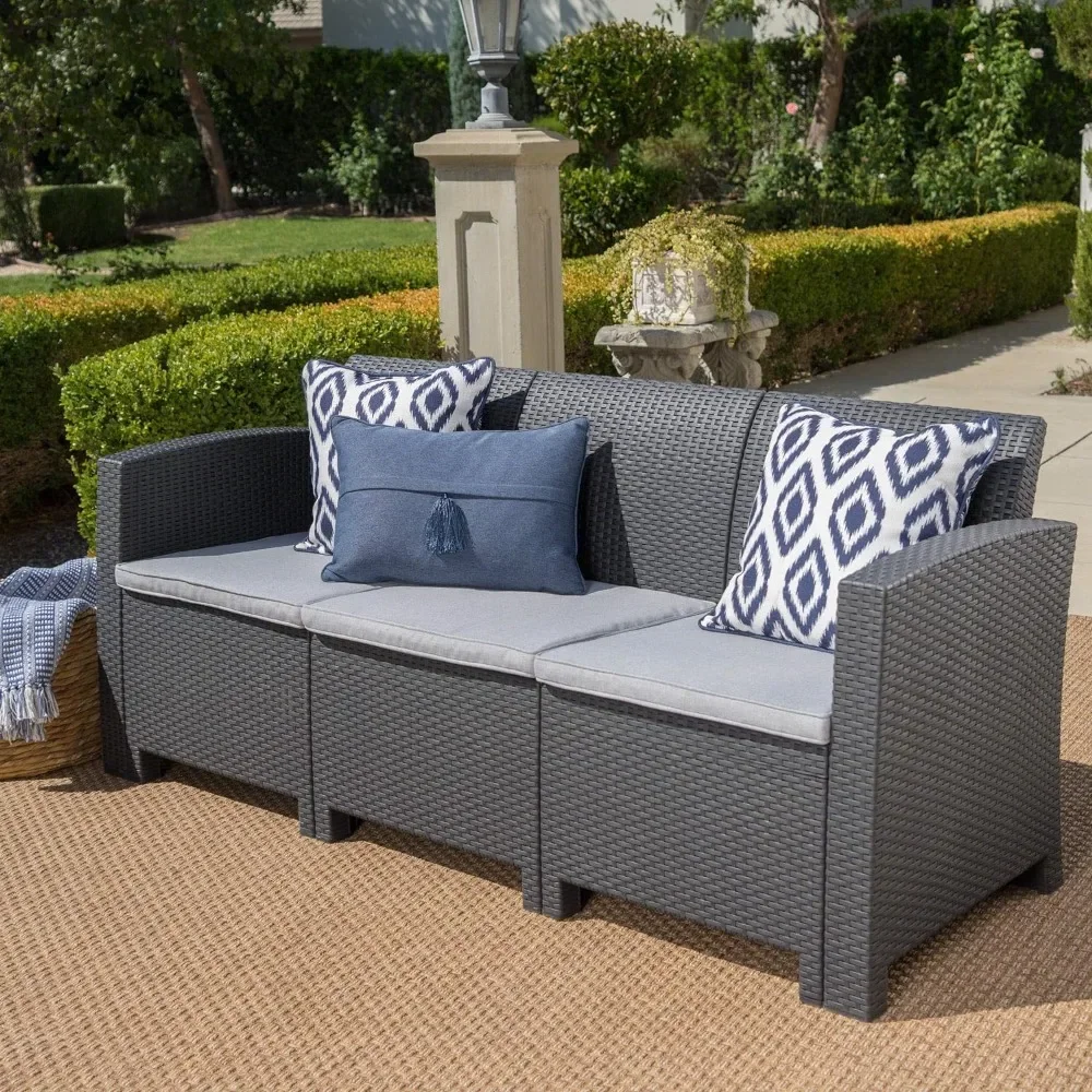 Home St. Outdoor 3-Seater Faux Wicker Rattan Style Sofa with Water Resistant Cushions, Charcoal / Light Grey