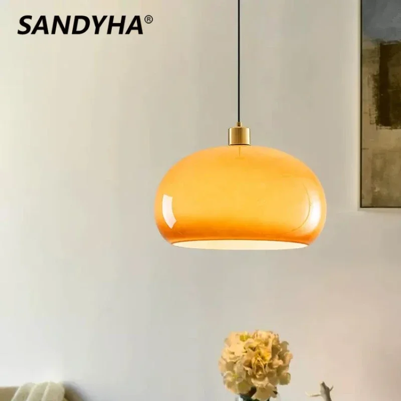 SANDYHA Nordique En Verre Vintage Pendentif Lumières Créatif Progressive Jaune Lustre Rond Étude Chambre Restaurant Maison Lampe Suspendue