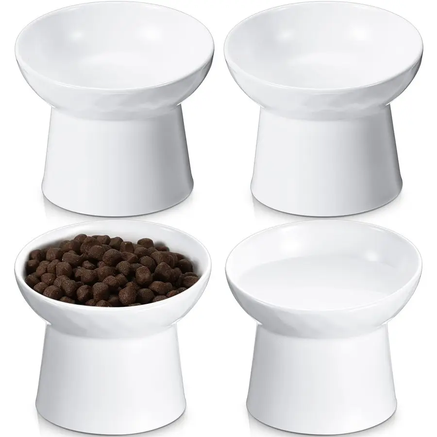 

4 Pcs Ceramic Raised Cat Bowls, Elevated Tilted Cat Bowl for Food Water, Stress Free, Backflow Prevention, Dishwasher Microwave