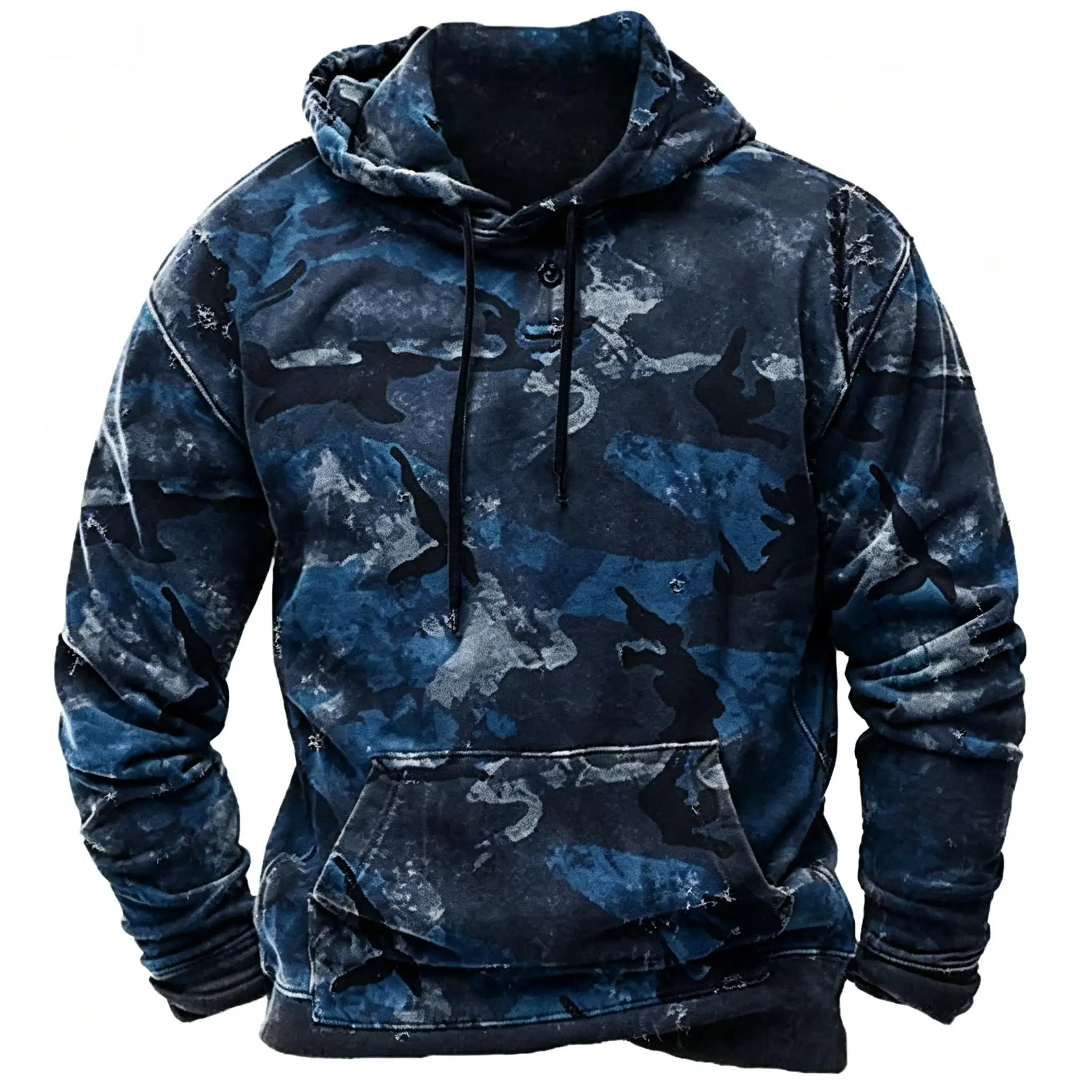 Men's Distressed Blue Camo Print Hoodie Long Sleeve Pullover Sweatshirt For Vintage Outdoor Casual Streetwear Outfit