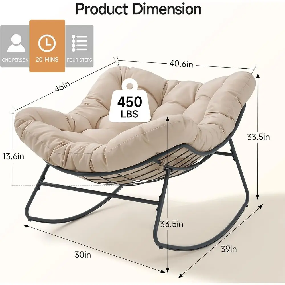 Oversized Outdoor Egg Swing Chair with Thick Cushion, 450 lbs Capacity, Silent Rocking, Adjustable Angle for Indoor & Outdoor Us