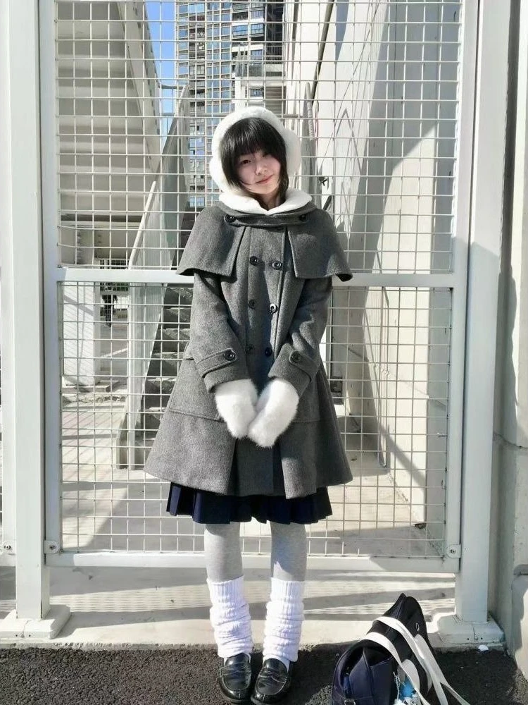 Płaszcz damski w stylu preppy, casual, vintage, luźny, szary, jesieniowy, elegancki, modny, z patchworkiem, długi rękaw, szykowny, ciepły.