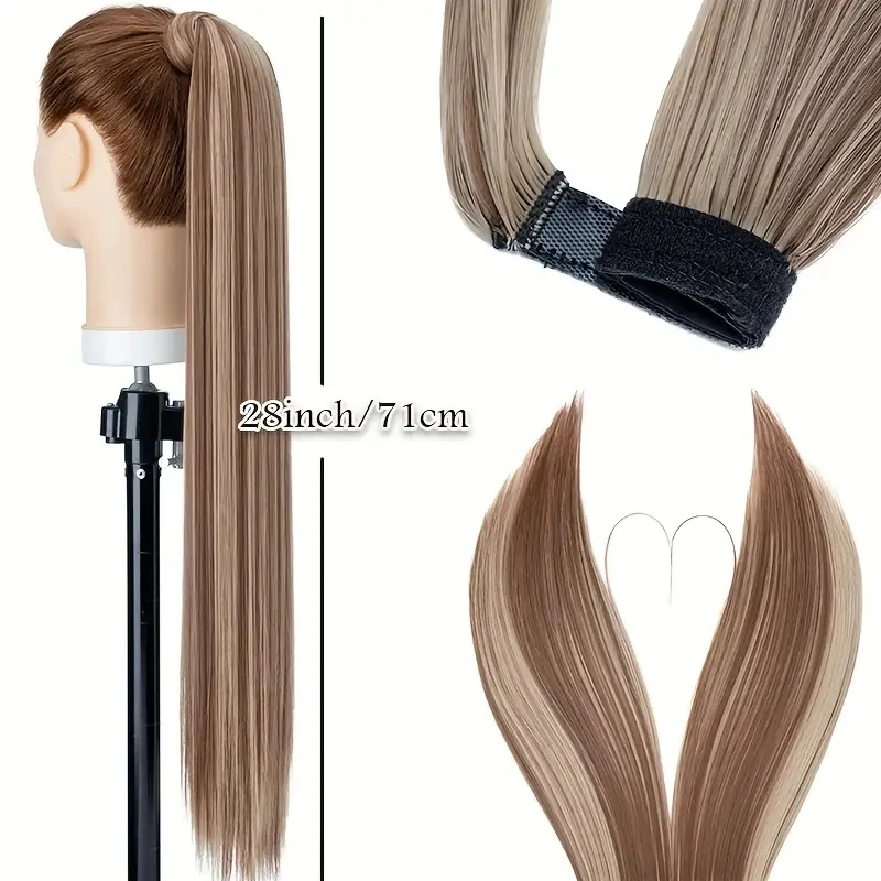 Snoilite Synthetic Long Straight Ponytail Extensions 28 Inch Wrap Around Light Golden Brown Ponytails Hair Piece Pony Tail Hair