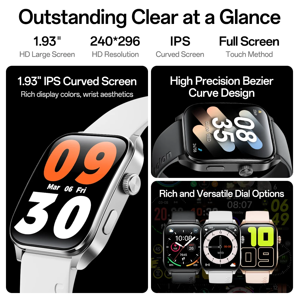 Curve3 1.93'' HD Full Screen Couple Smart Watch IP68 Waterproof Sports Watch Heart Rate Monitor Home Health Monitoring Device