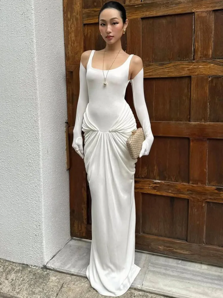 Oniflyme-Vestido largo liso sin mangas para mujer, vestido elegante con cuello en U y Espalda descubierta, vestidos ceñidos fruncidos drapeados, ropa de fiesta de noche Sexy