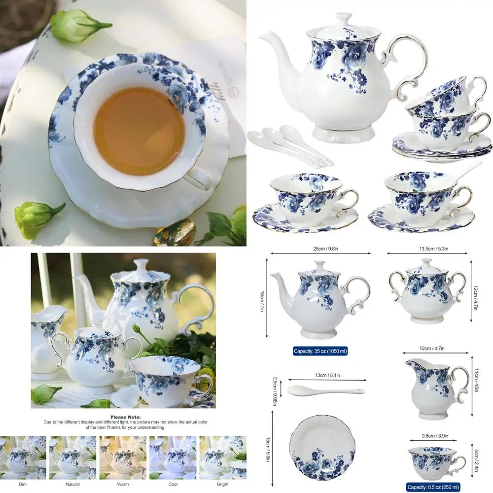 

Винтажный синий и белый чайный сервиз из костяного фарфора с цветочным принтом, 13 предметов, элегантный фарфоровый подарочный набор для чаепития