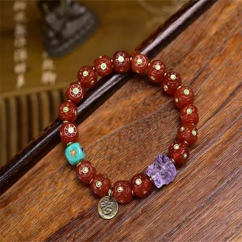 

Natural Red Agate Inlaid Square Bead Bracelet With Turquoise Moon Sugar Cube