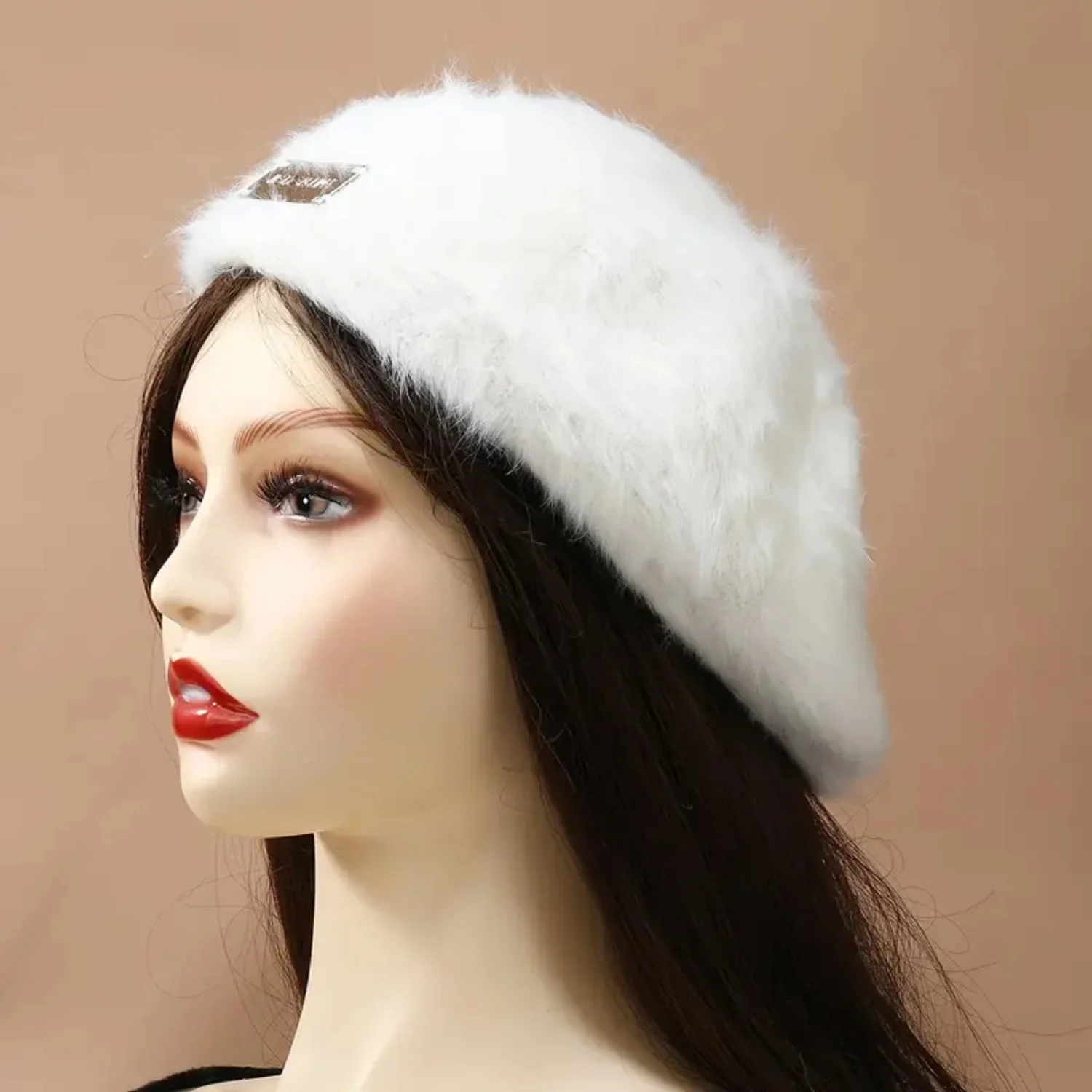 

White Faux Rabbit Fur Beret Hat Plush Outdoor Casual Hat Cap For Women Girls Her - Stylish and Cozy Winter Accessory Straw hat