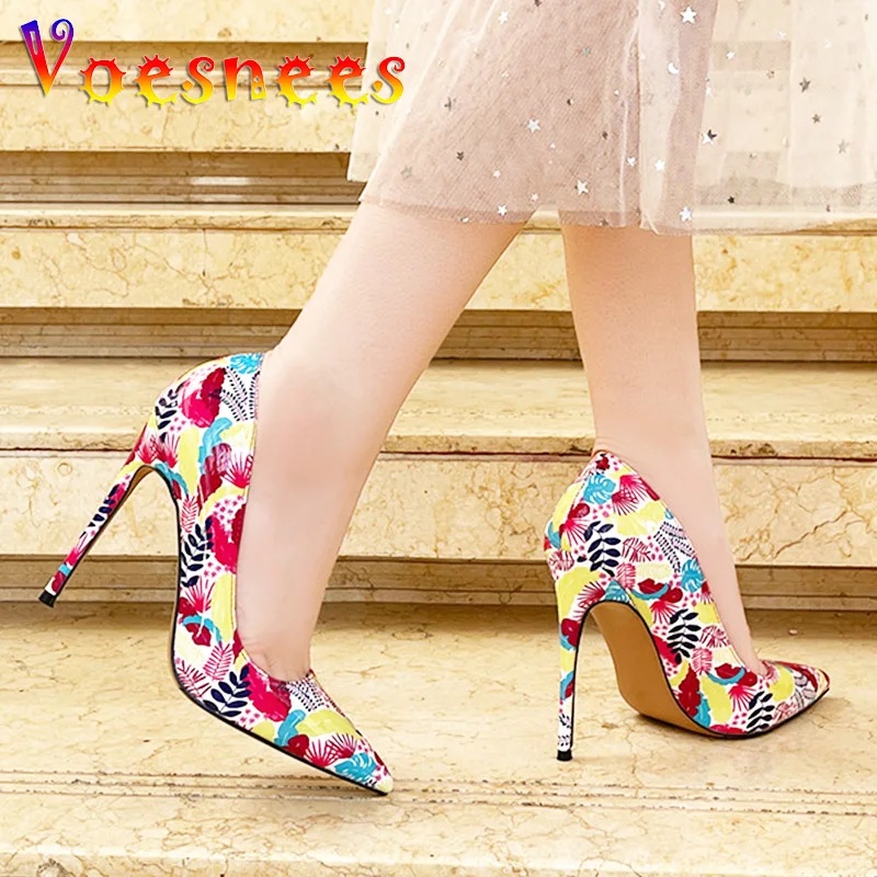 

2023 New Floral Print Women Stilettos 12CM Evening Party High Heels Elegant Office Pointed Toe Pumps Girls Wedding Dress Shoes