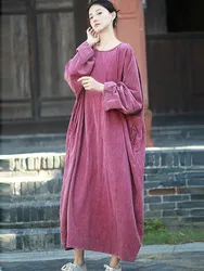 High Quality Cotton Linen Long Dress Women New 2024 Autumn Vintage Style Solid Color Oversized Female Casual Dresses M200