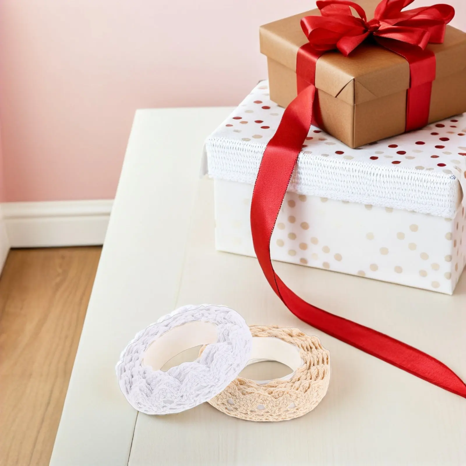 4 Rolls Decorative Craft Tape Lace Border Tape Cotton Sewing Lace for Scrapbooking DIY Journals Wedding Ribbon Trim White