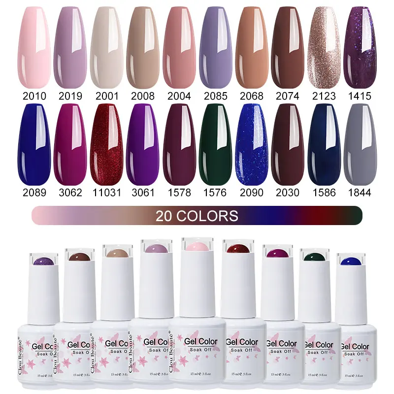 Clou Beaute Groothandel 20 stks/set Glitter Gel Lak Kit Voor Manicure Semi-Permanente Hybride Vernissen Basis En Top Nail Art