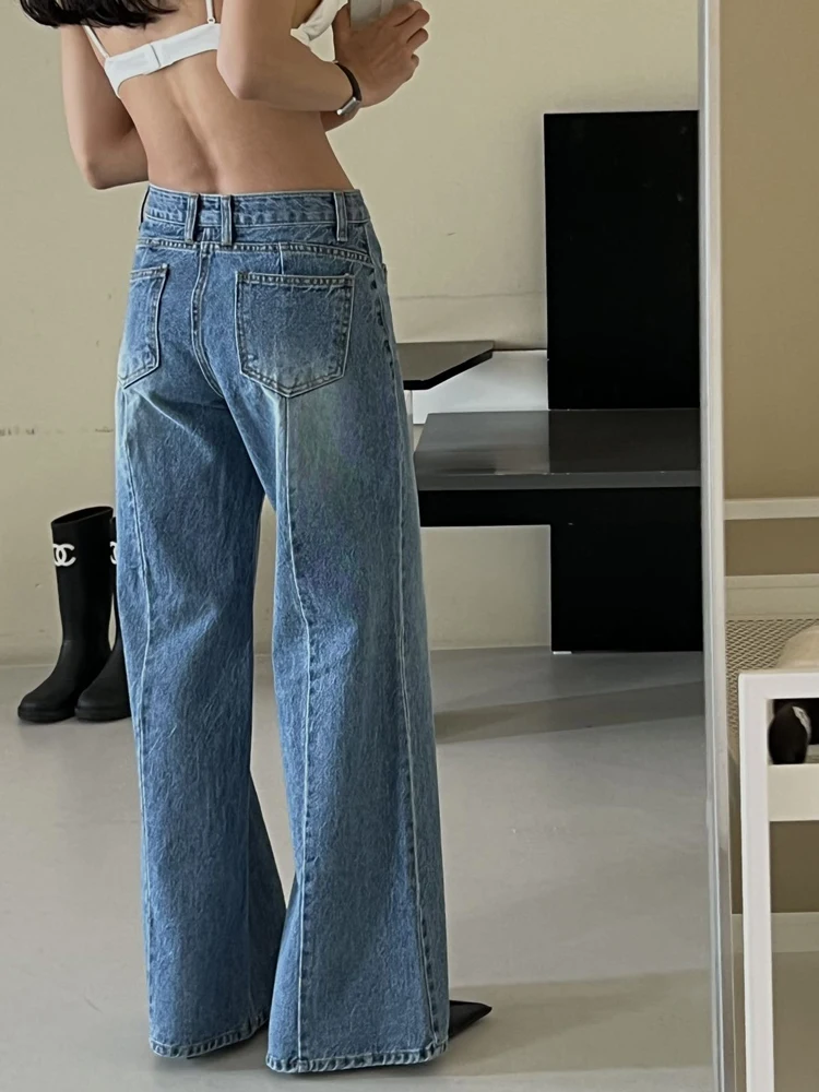 Jeans Azules Retro de Cintura Alta y Corte Ajustado para Mujer, Plones Largos de Pierna Ancha dos Versátiles para Oto...