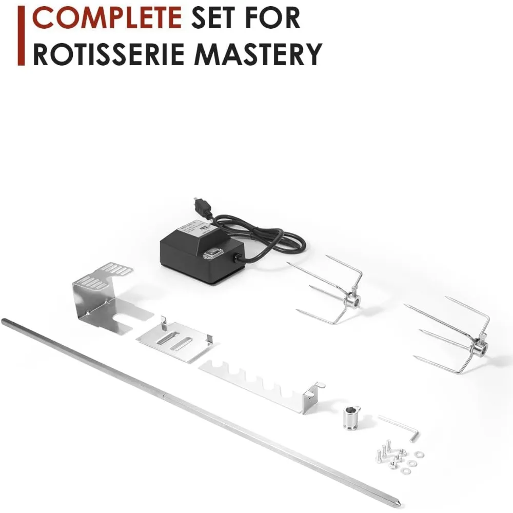 شواء دوار تلقائي، مع محرك 120 فولت 4 وات، وقضيب يبصقون 28 بوصة، وشوكة 2 × 4 وحوامل كاملة، ومسمار تثبيت للفناء الخلفي والخارجي