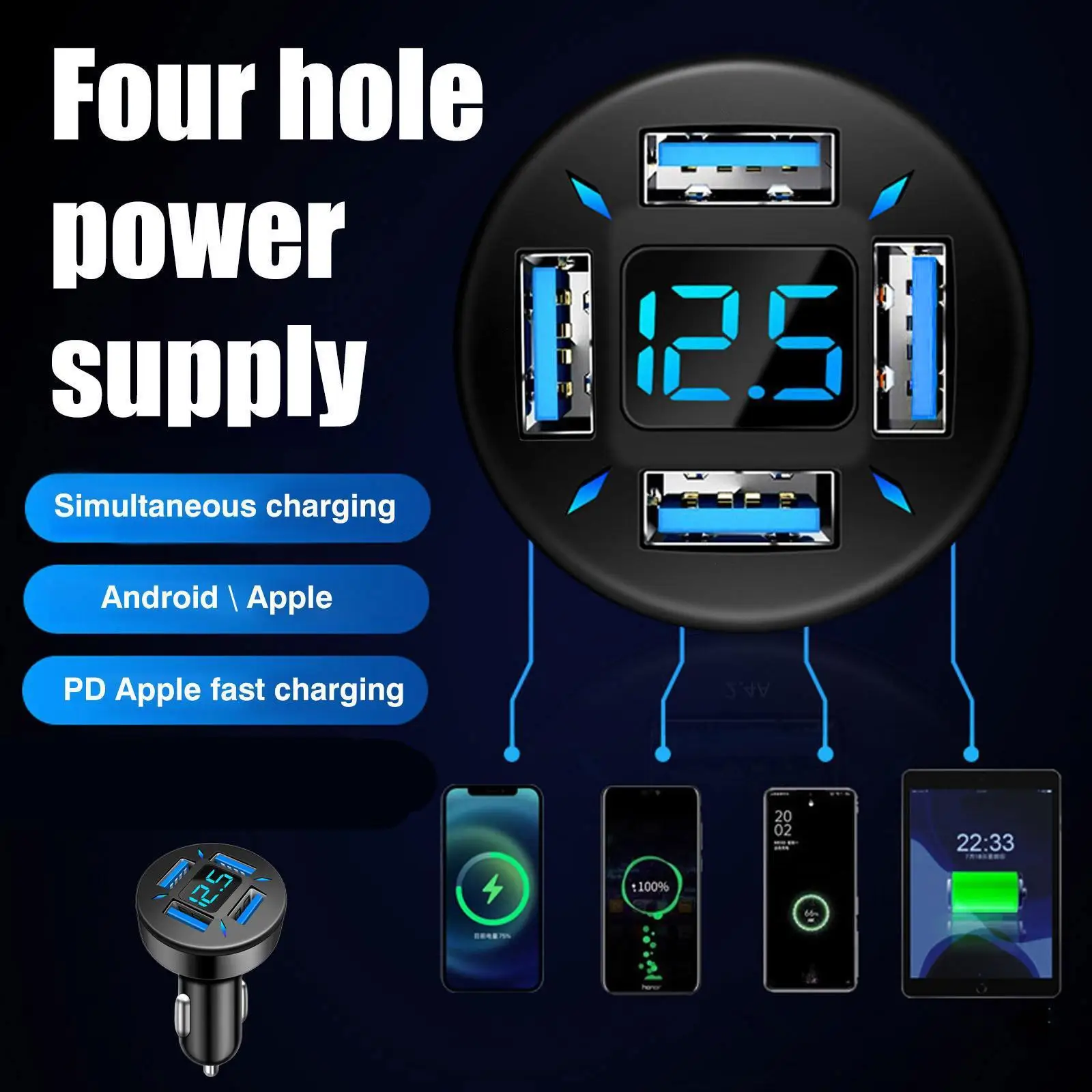 4-portowa ładowarka samochodowa USB A+C do iPhone'a - 66W Szybkie ładowanie Adapter do zapalniczki Szybkie ładowanie do samochodu F7J1