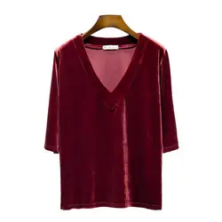 Women' s Velvet Tops Autumn V-Neck Half Sleeves Loose Pullover Tops 2026 Spring Summer High Street Basic Shirts Velour Blouse