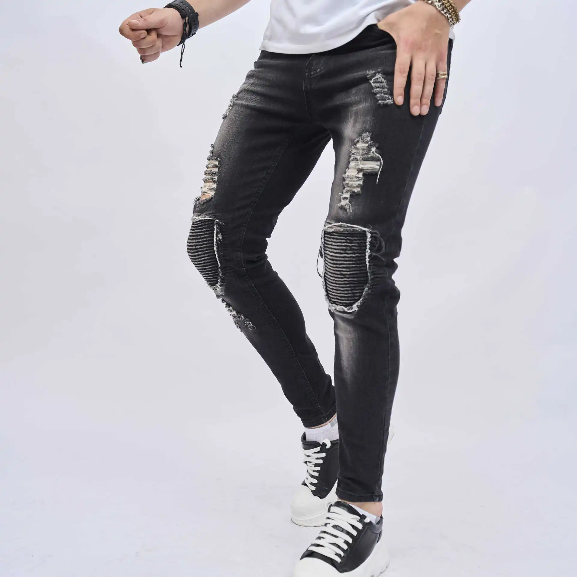 Men's Hip Hop Youth Street Black Jenas Fashion Stretchy Ripped Skinny Big Size Men Denim Pants Mens Casual  Designer  Trousers